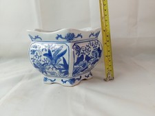 Vintage Blue & White Hexagonal Planter Chinese Oriental Style Floral Plant Pot