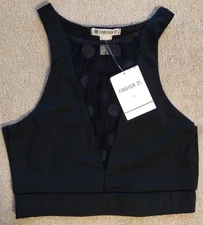 Forever 21 Sports Bra Size Small Black High Neck Front Mesh Big Swiss Dots