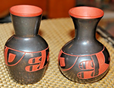 Miniature Chinese Asian Pottery Vases Pair Black Finish Etched Patterns