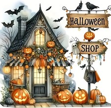 Halloween Pumpkin Bat Shop Diamond Art Kits for Adults, 5D Diamond Painting Kits