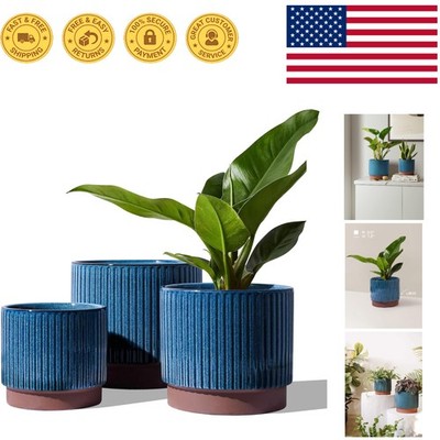 Elegant Blue Ceramic Plant Pots Set of 3 - Sizes 8, 6.7, 5.5 for Indoor Use