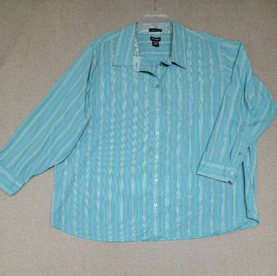 NORTH CREST~ Woman's 4X Button-Up Shirt GREEN Long Sleeve Striped Silver Threads