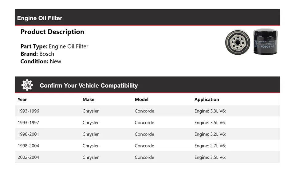 For 1993-2004 Chrysler Concorde Bosch Engine Oil Filter 1994 1995 1996 1997 1998 - Image 2 of 3