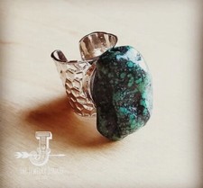 Handmade Genuine Turquoise Natural Stone With Silver Hammered Cuff Adjustable