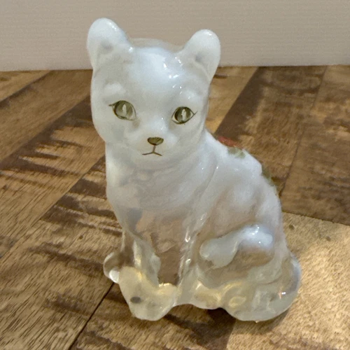 Vintage Fenton Frosted Satin Cat Figurine Hand Painted Flower/Strawberry Signed