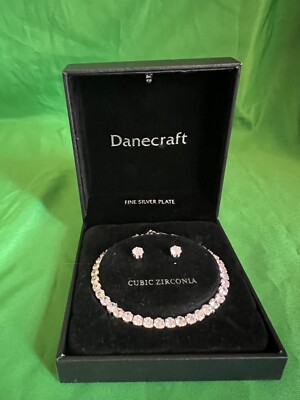 BRACELET AND EARRINGS-DANECRAFT-CUBIC ZIRCONIA-FINE SILVER PLATE-IN BOX