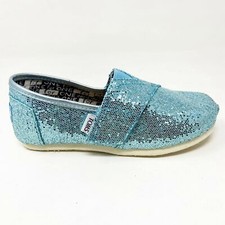 Toms Classics Turquoise Glitter Tiny Toddler Slip On Casual Canvas Flat Shoes