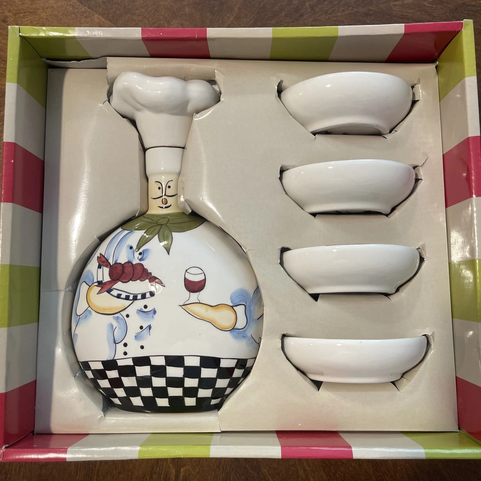Baum Bros. Hand Painted 5 Pc Oil Dipping 24oz Cruet & 4 -4” Dip Saucers