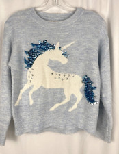 Justice Blue w/White Unicorn Sweater w/Reversible Sequins, Girl's Size 8