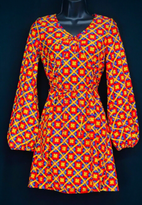 Vintage 1970s red floral mini dress, colorful yellow nylon balloon sleeve  XS S | eBay