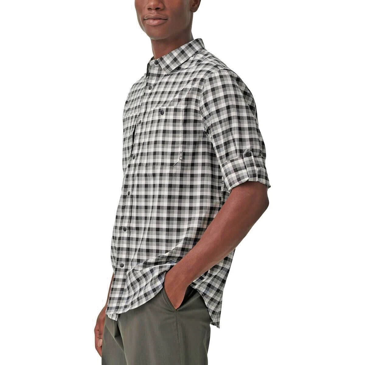 BASS OUTDOOR Mens B/W Plaid Polyester Button-Down Shirt ,M