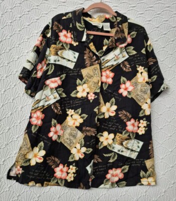 Womens Button Down Blouse White Stag Plus 18W/20W Black With Nice Flowers 