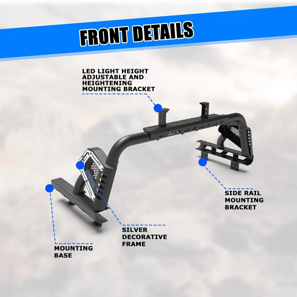 Adjustable Front Bed Rack Roll Bar For 1997-2025 Ford F150 2019-2025 Ford Ranger - Image 2 of 4