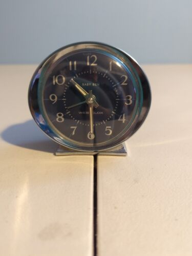 Vintage Westclox BABY BEN Winding Alarm Clock Silver w/Blue Face & Housing WORKS - Picture 1 of 7