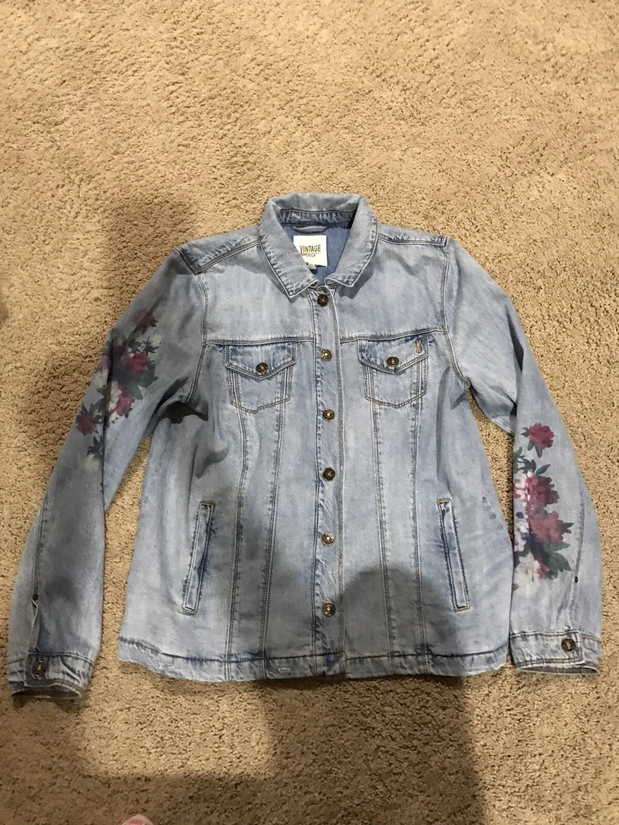 Women s Vintage America Blues jean jacket shirt M MEDIUM light wash w floral