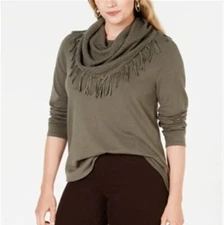 Style & Co Womens Petite PP Olive Green Cowl Neck Fringe Blouse Top NWT DH22