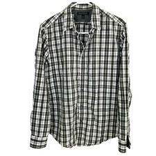Banana Republic Mens Shirt M Grey White Plaid Collared Button Long Sleeve Slim