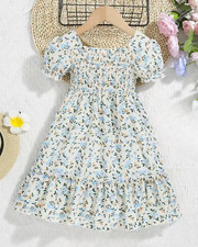 Girls Puff Sleeve Frill Trim Shirred Flower Graphic Ruffled Hem Princess Dress F