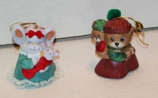 Jasco Caring Critter Chimer Mother Baby Mouse & Bear Bell Ornament 2.5" Lot of 2