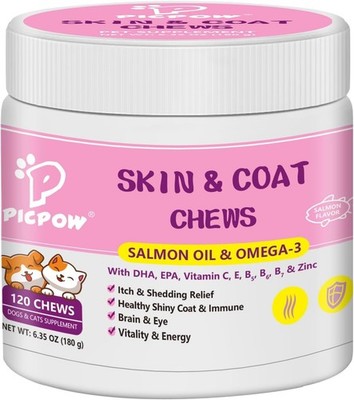Skin & Coat Supplement for Dogs & Cats with Omega 3 Salmon Oil Vitamin 120 Chews