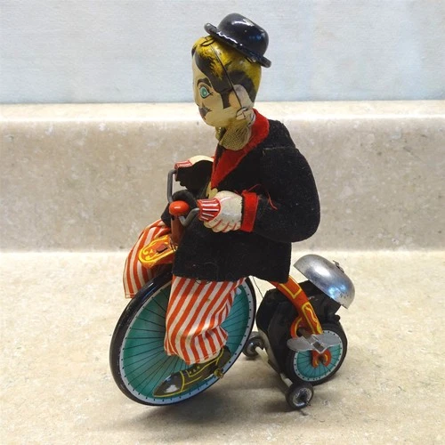 Vintage J. Chein & Co. Tin Wind Up Clown On Tricycle With Bell, Works