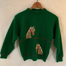 Petit Fleur Kids Green Horse Intarsia Knit Sweater Vintage Equestrian Size L