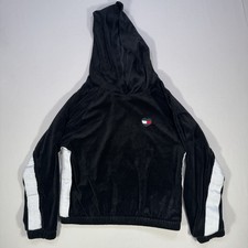 Tommy Hilfiger Women  s Hoodie M Black Velour White Stripes Heart Flag Logo