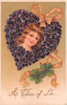 Vintage Fantasy Valentine PC-4-Leaf Clovers & Child's Face in a Heart of Violets