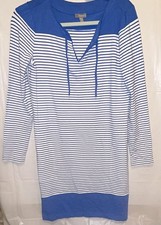 Talbots Blue White Striped T-Shirt Dress Knee Length V-Neck 3/4 Sleeve XS   _w12