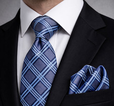 Blue Geometric Designer Necktie Set with Handkerchief and Cufflinks