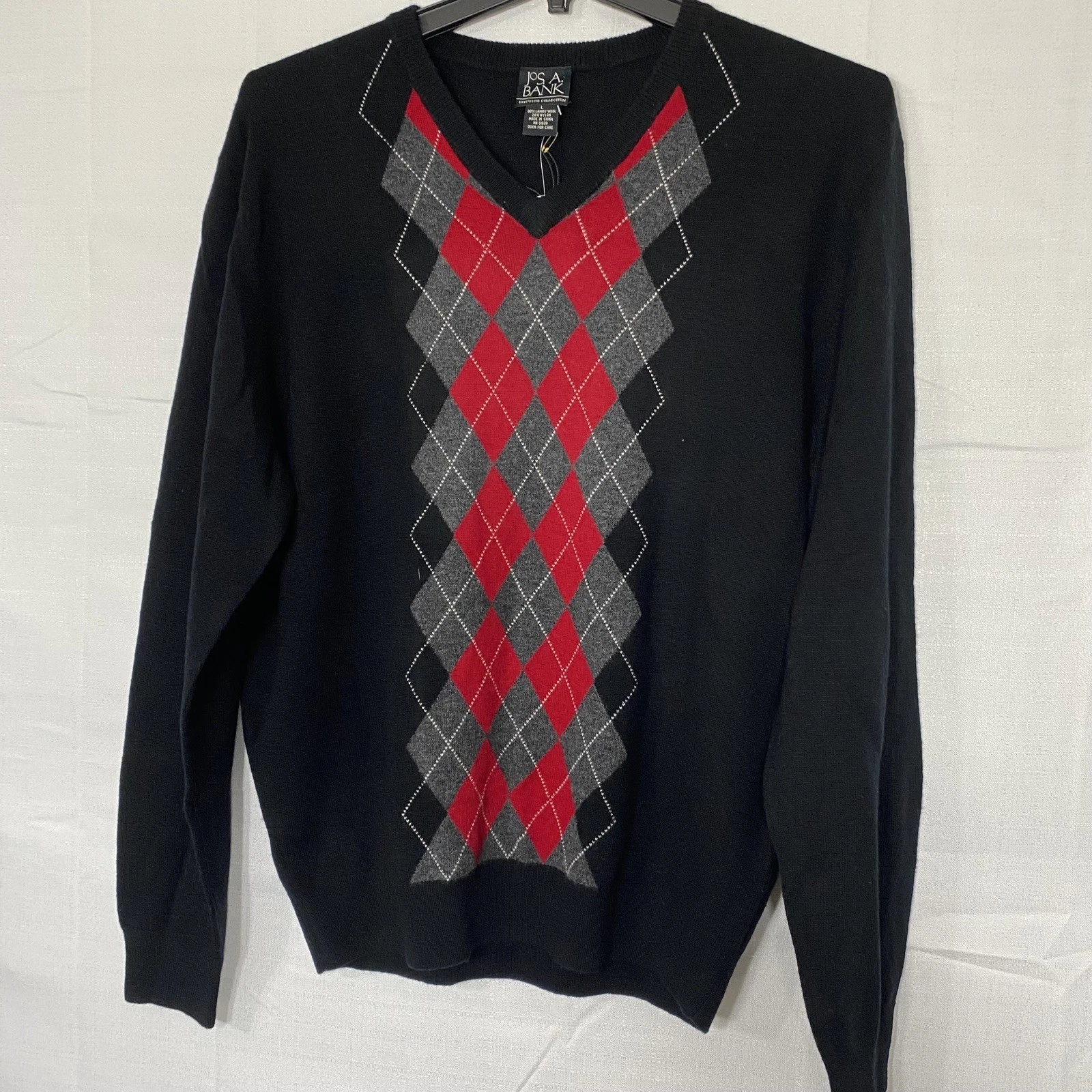 Jos A Bank Size L black/red Argyle V-Neck Lambswool Wool Sweater NWT