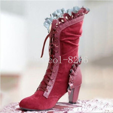 Women Gothic Steampunk Leaf Boots Cosplay Curl Heel Knee High Booties Shoes Size