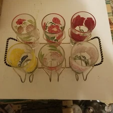 Vintage Boscul Peanut Butter Glasses Set Of 6 Different Roses W/Metal Carrier