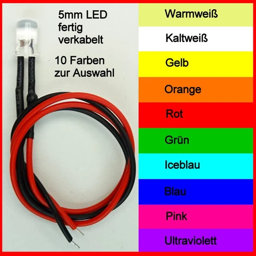 LED 5mm Klar 9-12V fertig verkabelt 10 Farben Modellbau Hobby Beruf C9001