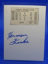 VINTAGE AUTOGRAPH with Baseball Career Stats HERMAN FRANKS