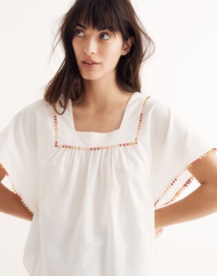 Madewell Pom Pom Butterfly Top Size XS White Gold Pink Adobe Embroidery