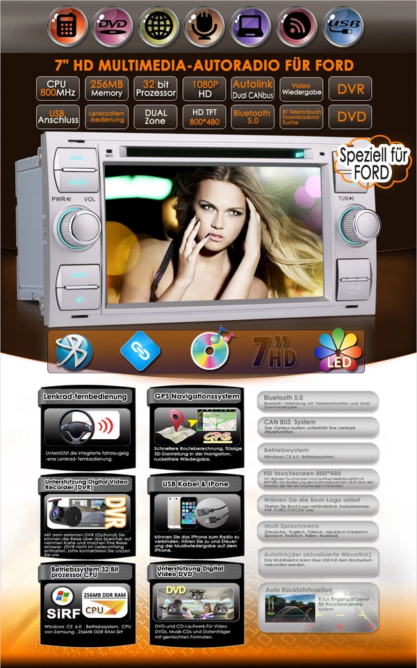 iFreGo 7" HD Autoradio GPS DVD SD Navigation Für FORD Galaxy Transit Bus Connect - Bild 2 von 4