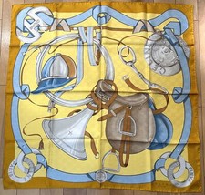 CELINE Jacquard carre silk scarf "Harness pattern" 90cm Gold Brown  3585