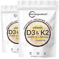 2 Pack Vitamin D3 10000 iu Plus K2 MK-7 200 mcg, 300 Virgin Coconut Oil