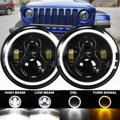 Pair 7" Inch Round LED Headlights Angle Eyes DRL For Jeep Wrangler JK 2007-2017