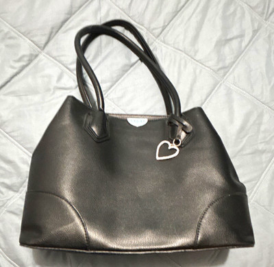 GUESS Women s Black Medium Tote Zip Top Rhinestone Heart Charm Lined Pockets