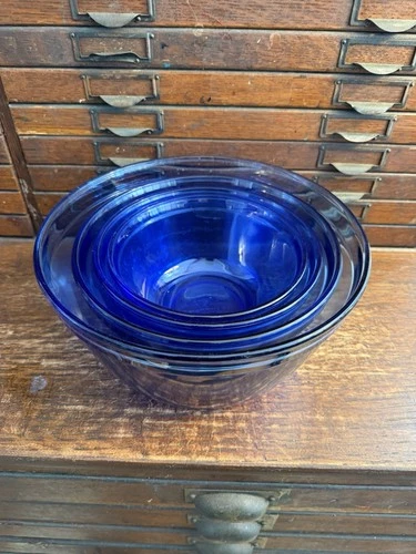 Lot 4 Anchor Hocking Vtg Cobalt Blue Mixing Bowls Set 4 QT, 2.5 QT, 1.5 QT, 1 QT