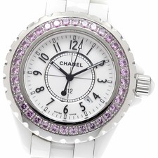 CHANEL WATCH H1181 J12 PINK SAPPHIRE BEZEL DATE QUARTZ WHITE SS/CERAMIC WOMEN'S