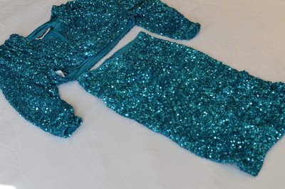 ROTATE Sequin Co Ord Set Teal Crop Top Skirt UK 10 EU 38 Party Glam Fit