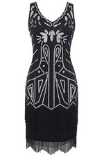 Abito Retro Anni 20 Stile Grande Gatsby con Paillettes e Frange Nero Taglia XS