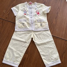 Vintage Chinese Kimono Kids Outfit Set Size 2T Pajama Yellow Embroidery