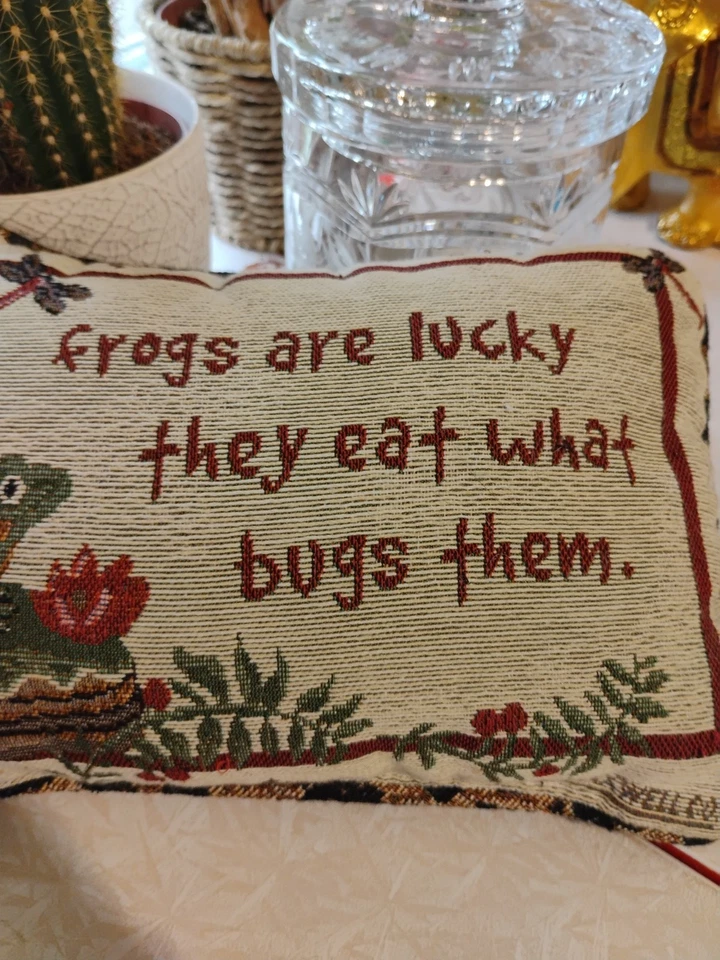 S.A Maxwell Frogs Are Lucky They Eat What Bugs Them. Tapestry 12”x 7.5” Pillow - Image 3 of 4