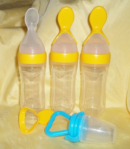 3 Baby Silicone Squeeze Feeding Bottle w/Spoon Food Self-stand & 1 nipple feeder