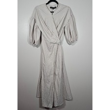 House of Lancry Tan White Striped Puff Sleeve Wrap Midi Dress Womens Medium