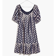 Madewell Shirred Ruffle-Hem Mini Dress Women's S Navy White Textural Polka Dot